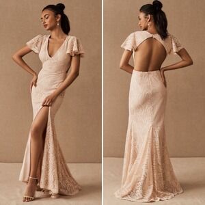 Fame and Partners Chelsey Gown Dress BHLDN Sz 6 Blush Pink Open Back Lace Maxi